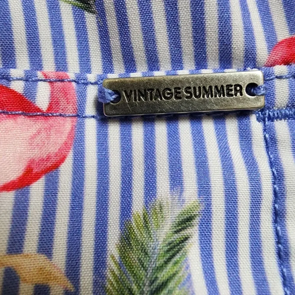 Vintage Summer Men Blue Striped Pink Flamingo Swim Trunks Size L Beach Vacation